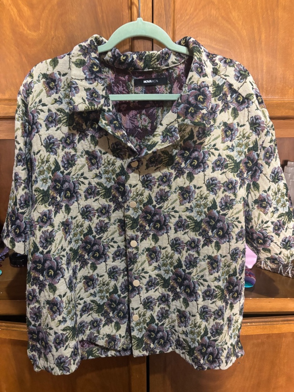 NOVALINEN Floral Button-Up Shirt Jacket in tapestry Cream & Purple